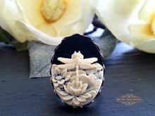 Load image into Gallery viewer, Dragonfly w/Waterlily Cameo Ring, Ivory Tone on Black, Gunmetal/Goldtone/Silvertone/Antiqued Bronze Adjustable Filigree Ring Base Options