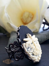 Load image into Gallery viewer, Dragonfly w/Waterlily Cameo Ring, Ivory Tone on Black, Gunmetal/Goldtone/Silvertone/Antiqued Bronze Adjustable Filigree Ring Base Options
