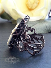Load image into Gallery viewer, Dragonfly w/Waterlily Cameo Ring, Ivory Tone on Black, Gunmetal/Goldtone/Silvertone/Antiqued Bronze Adjustable Filigree Ring Base Options