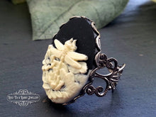 Load image into Gallery viewer, Dragonfly w/Waterlily Cameo Ring, Ivory Tone on Black, Gunmetal/Goldtone/Silvertone/Antiqued Bronze Adjustable Filigree Ring Base Options