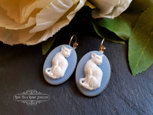 Load image into Gallery viewer, Cameo Cat Drop/Dangle Earrings - White/Blue - Leverback Closure - 37x19mm (1.45 x 0.74 Inches) - Bright Silver - Kawaii - Vintage Style