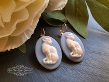 Load image into Gallery viewer, Cameo Cat Drop/Dangle Earrings - White/Blue - Leverback Closure - 37x19mm (1.45 x 0.74 Inches) - Bright Silver - Kawaii - Vintage Style