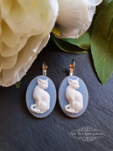 Load image into Gallery viewer, Cameo Cat Drop/Dangle Earrings - White/Blue - Leverback Closure - 37x19mm (1.45 x 0.74 Inches) - Bright Silver - Kawaii - Vintage Style