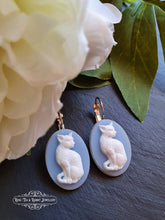 Load image into Gallery viewer, Cameo Cat Drop/Dangle Earrings - White/Blue - Leverback Closure - 37x19mm (1.45 x 0.74 Inches) - Bright Silver - Kawaii - Vintage Style
