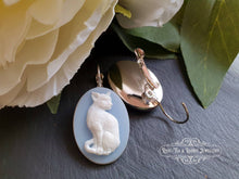 Load image into Gallery viewer, Cameo Cat Drop/Dangle Earrings - White/Blue - Leverback Closure - 37x19mm (1.45 x 0.74 Inches) - Bright Silver - Kawaii - Vintage Style