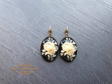 Load image into Gallery viewer, Floral Posy Cameo Drop Earrings - 3.7x1.9cm (1.45 x 0.74 Inches) - Hinged Closure - Antiqued Bronze Base - Nickle Free - Pretty & Romantic