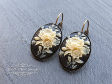 Load image into Gallery viewer, Floral Posy Cameo Drop Earrings - 3.7x1.9cm (1.45 x 0.74 Inches) - Hinged Closure - Antiqued Bronze Base - Nickle Free - Pretty & Romantic