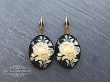 Load image into Gallery viewer, Floral Posy Cameo Drop Earrings - 3.7x1.9cm (1.45 x 0.74 Inches) - Hinged Closure - Antiqued Bronze Base - Nickle Free - Pretty & Romantic