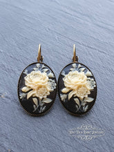 Load image into Gallery viewer, Floral Posy Cameo Drop Earrings - 3.7x1.9cm (1.45 x 0.74 Inches) - Hinged Closure - Antiqued Bronze Base - Nickle Free - Pretty & Romantic