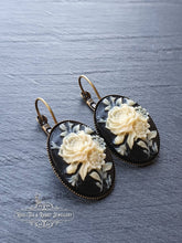 Load image into Gallery viewer, Floral Posy Cameo Drop Earrings - 3.7x1.9cm (1.45 x 0.74 Inches) - Hinged Closure - Antiqued Bronze Base - Nickle Free - Pretty & Romantic