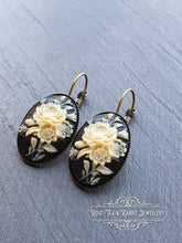 Load image into Gallery viewer, Floral Posy Cameo Drop Earrings - 3.7x1.9cm (1.45 x 0.74 Inches) - Hinged Closure - Antiqued Bronze Base - Nickle Free - Pretty & Romantic