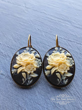 Load image into Gallery viewer, Floral Posy Cameo Drop Earrings - 3.7x1.9cm (1.45 x 0.74 Inches) - Hinged Closure - Antiqued Bronze Base - Nickle Free - Pretty & Romantic