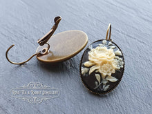 Load image into Gallery viewer, Floral Posy Cameo Drop Earrings - 3.7x1.9cm (1.45 x 0.74 Inches) - Hinged Closure - Antiqued Bronze Base - Nickle Free - Pretty & Romantic