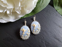 Load image into Gallery viewer, Hummingbird Cameo Earrings, Birds Egg Blue, Something Blue, Bright Silver, Leverback Closure, Lace Edge Detail, 3.7x1.9cm(1.45x0.74 Inches)