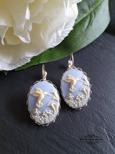 Load image into Gallery viewer, Hummingbird Cameo Earrings, Birds Egg Blue, Something Blue, Bright Silver, Leverback Closure, Lace Edge Detail, 3.7x1.9cm(1.45x0.74 Inches)