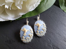 Load image into Gallery viewer, Hummingbird Cameo Earrings, Birds Egg Blue, Something Blue, Bright Silver, Leverback Closure, Lace Edge Detail, 3.7x1.9cm(1.45x0.74 Inches)