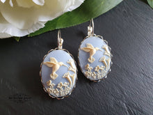 Load image into Gallery viewer, Hummingbird Cameo Earrings, Birds Egg Blue, Something Blue, Bright Silver, Leverback Closure, Lace Edge Detail, 3.7x1.9cm(1.45x0.74 Inches)