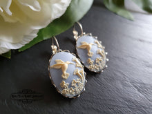 Load image into Gallery viewer, Hummingbird Cameo Earrings, Birds Egg Blue, Something Blue, Bright Silver, Leverback Closure, Lace Edge Detail, 3.7x1.9cm(1.45x0.74 Inches)