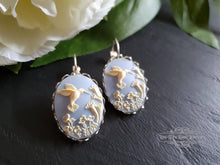 Load image into Gallery viewer, Hummingbird Cameo Earrings, Birds Egg Blue, Something Blue, Bright Silver, Leverback Closure, Lace Edge Detail, 3.7x1.9cm(1.45x0.74 Inches)