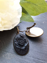 Load image into Gallery viewer, Classic Rose Cameo Drop Earrings - Black on Black - 37x19mm (1.45 x 0.74 Inches) - Antiqued Bronze Base - Pretty Romantic Look - Boho Chic