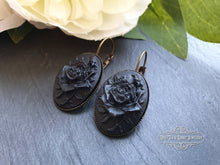 Load image into Gallery viewer, Classic Rose Cameo Drop Earrings - Black on Black - 37x19mm (1.45 x 0.74 Inches) - Antiqued Bronze Base - Pretty Romantic Look - Boho Chic