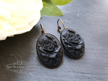 Load image into Gallery viewer, Classic Rose Cameo Drop Earrings - Black on Black - 37x19mm (1.45 x 0.74 Inches) - Antiqued Bronze Base - Pretty Romantic Look - Boho Chic
