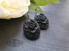 Load image into Gallery viewer, Classic Rose Cameo Drop Earrings - Black on Black - 37x19mm (1.45 x 0.74 Inches) - Antiqued Bronze Base - Pretty Romantic Look - Boho Chic