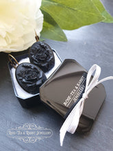 Load image into Gallery viewer, Classic Rose Cameo Drop Earrings - Black on Black - 37x19mm (1.45 x 0.74 Inches) - Antiqued Bronze Base - Pretty Romantic Look - Boho Chic