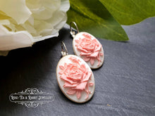 Load image into Gallery viewer, Classic Rose Cameo Drop Earrings - White and Pink Tones - 3.7x1.9cm (1.45 x 0.74 Inches) - Bright Silver - Pretty Romantic Look - Boho Chic