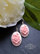 Load image into Gallery viewer, Classic Rose Cameo Drop Earrings - White and Pink Tones - 3.7x1.9cm (1.45 x 0.74 Inches) - Bright Silver - Pretty Romantic Look - Boho Chic