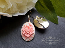 Load image into Gallery viewer, Classic Rose Cameo Drop Earrings - White and Pink Tones - 3.7x1.9cm (1.45 x 0.74 Inches) - Bright Silver - Pretty Romantic Look - Boho Chic