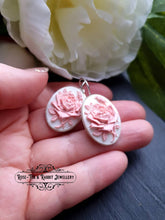 Load image into Gallery viewer, Classic Rose Cameo Drop Earrings - White and Pink Tones - 3.7x1.9cm (1.45 x 0.74 Inches) - Bright Silver - Pretty Romantic Look - Boho Chic