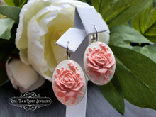 Load image into Gallery viewer, Classic Rose Cameo Drop Earrings - White and Pink Tones - 3.7x1.9cm (1.45 x 0.74 Inches) - Bright Silver - Pretty Romantic Look - Boho Chic
