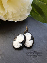 Load image into Gallery viewer, Classic Victorian Lady Resin Cameo Drop Earrings - White/Black Tones - 3.7x1.9cm (1.45 x 0.74 Inches) - Bronze Finish - Pretty Romantic Look
