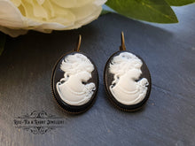 Load image into Gallery viewer, Classic Victorian Lady Resin Cameo Drop Earrings - White/Black Tones - 3.7x1.9cm (1.45 x 0.74 Inches) - Bronze Finish - Pretty Romantic Look