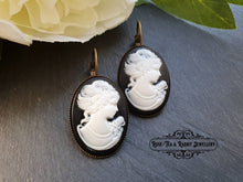 Load image into Gallery viewer, Classic Victorian Lady Resin Cameo Drop Earrings - White/Black Tones - 3.7x1.9cm (1.45 x 0.74 Inches) - Bronze Finish - Pretty Romantic Look
