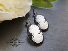 Load image into Gallery viewer, Classic Victorian Lady Resin Cameo Drop Earrings - White/Black Tones - 3.7x1.9cm (1.45 x 0.74 Inches) - Bronze Finish - Pretty Romantic Look