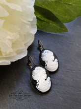 Load image into Gallery viewer, Classic Victorian Lady Resin Cameo Drop Earrings - White/Black Tones - 3.7x1.9cm (1.45 x 0.74 Inches) - Bronze Finish - Pretty Romantic Look
