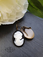 Load image into Gallery viewer, Classic Victorian Lady Resin Cameo Drop Earrings - White/Black Tones - 3.7x1.9cm (1.45 x 0.74 Inches) - Bronze Finish - Pretty Romantic Look
