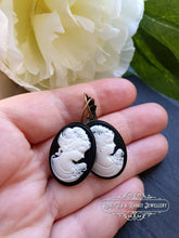 Load image into Gallery viewer, Classic Victorian Lady Resin Cameo Drop Earrings - White/Black Tones - 3.7x1.9cm (1.45 x 0.74 Inches) - Bronze Finish - Pretty Romantic Look