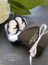 Load image into Gallery viewer, Classic Victorian Lady Resin Cameo Drop Earrings - White/Black Tones - 3.7x1.9cm (1.45 x 0.74 Inches) - Bronze Finish - Pretty Romantic Look