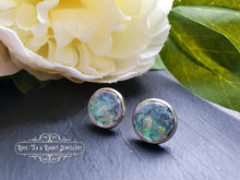 Load image into Gallery viewer, Dichroic Blue/Green/Grey - Stud Earring - Iridescent Colour Changing - Resin Cabochon - Silver Plated - Hypoallergenic - 12mm/(0.47 Inches)