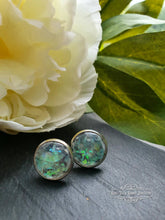 Load image into Gallery viewer, Dichroic Blue/Green/Grey - Stud Earring - Iridescent Colour Changing - Resin Cabochon - Silver Plated - Hypoallergenic - 12mm/(0.47 Inches)