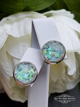 Load image into Gallery viewer, Dichroic Blue/Green/Grey - Stud Earring - Iridescent Colour Changing - Resin Cabochon - Silver Plated - Hypoallergenic - 12mm/(0.47 Inches)