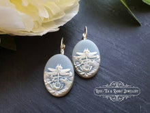 Load image into Gallery viewer, Dragonfly Cameo Earrings - Birds Egg Blue/White - 3.7cmx1.9cm (1.45x0.74 Inches) - Hinged Closure - Silver Plated Base - Lead/Nickle Free
