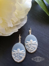 Load image into Gallery viewer, Dragonfly Cameo Earrings - Birds Egg Blue/White - 3.7cmx1.9cm (1.45x0.74 Inches) - Hinged Closure - Silver Plated Base - Lead/Nickle Free