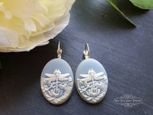 Load image into Gallery viewer, Dragonfly Cameo Earrings - Birds Egg Blue/White - 3.7cmx1.9cm (1.45x0.74 Inches) - Hinged Closure - Silver Plated Base - Lead/Nickle Free