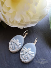 Load image into Gallery viewer, Dragonfly Cameo Earrings - Birds Egg Blue/White - 3.7cmx1.9cm (1.45x0.74 Inches) - Hinged Closure - Silver Plated Base - Lead/Nickle Free