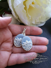 Load image into Gallery viewer, Dragonfly Cameo Earrings - Birds Egg Blue/White - 3.7cmx1.9cm (1.45x0.74 Inches) - Hinged Closure - Silver Plated Base - Lead/Nickle Free