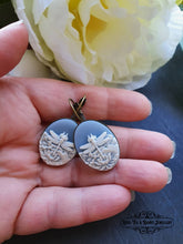 Load image into Gallery viewer, Dragonfly Cameo Earrings - Birds Egg Blue/White - 3.7x1.9cm (1.45x0.74 Inches) - Hinged Closure - Antiqued Bronze Base - Lead/Nickle Free